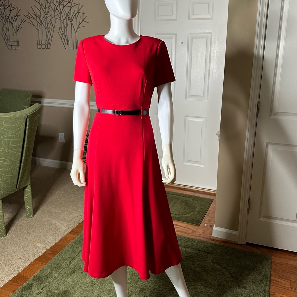 Calvin Klein Short Sleeve Belted A-Line Red Midi Dress  - Size 8 NWT